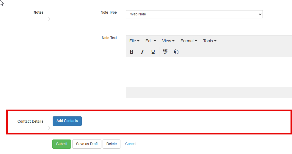 Screenshot showing the Contact Details section in the Preauth & Care Plan Tool